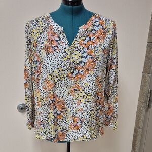 LOFT Floral Blouse - Orange, Yellow, Black on White